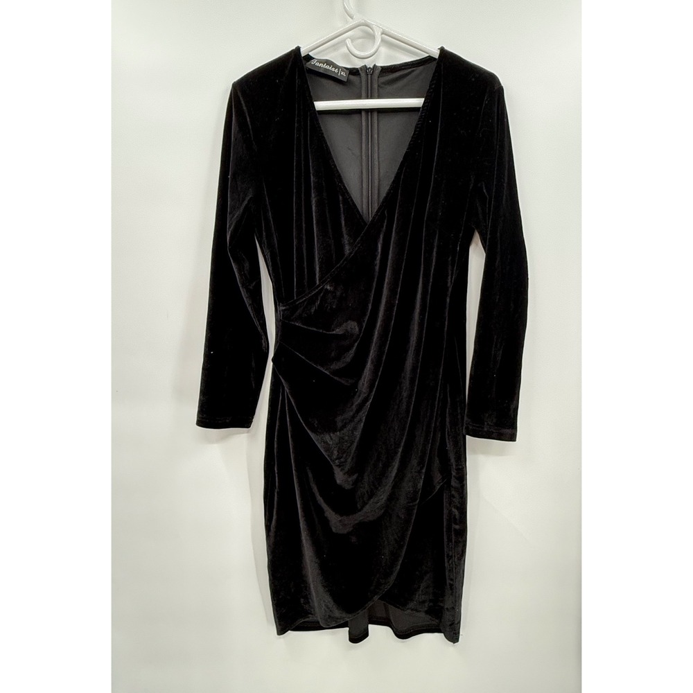 Fantaist XL Velvet Wrap Dress Womens Black Long Sleeve Ruched V-Neck Midi